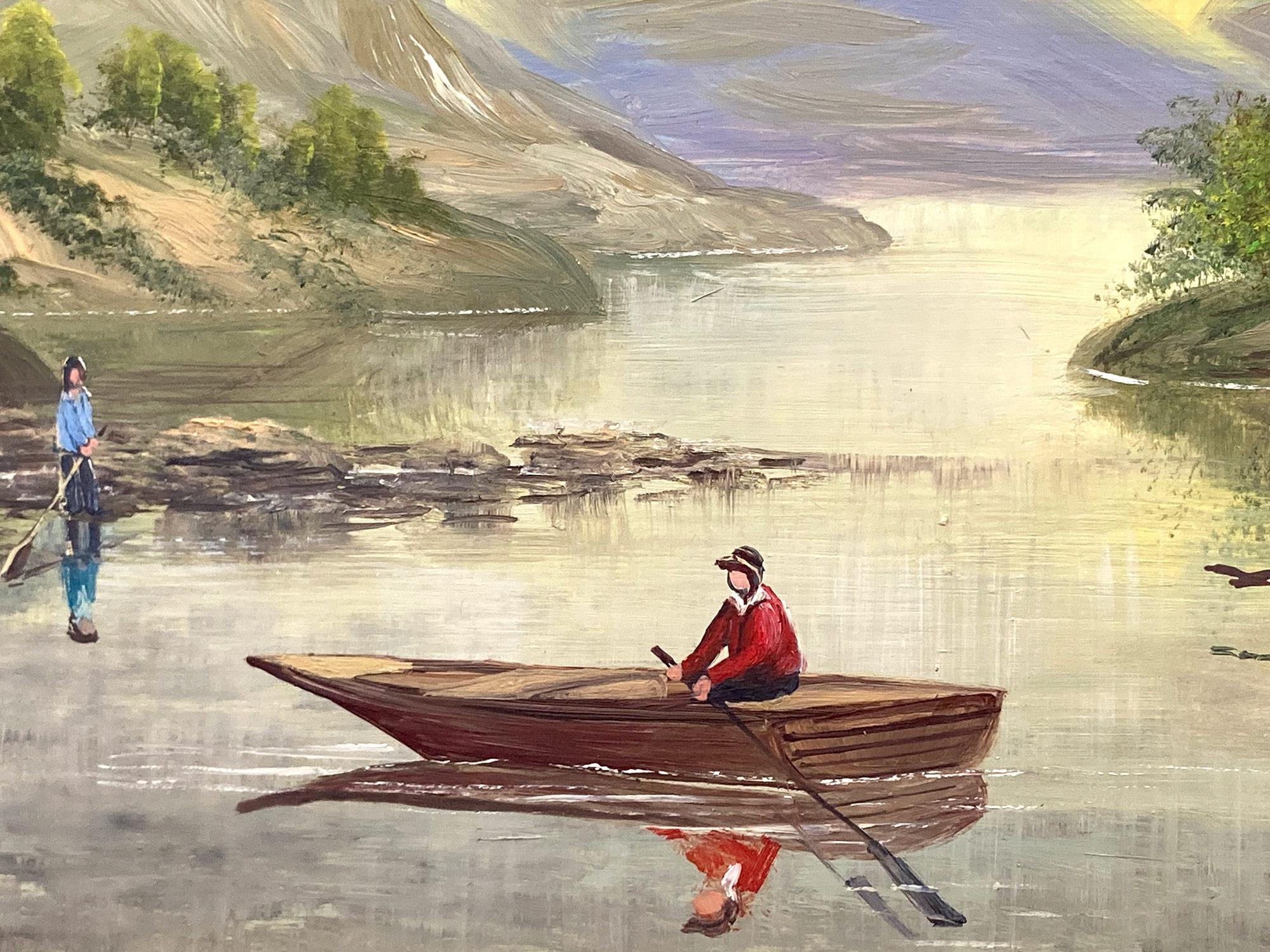 Peinture à l'huile américaine sur panneau « Rowing on the Lake » représentant des personnages sur un lac - Réalisme américain Painting par Kristina Nemethy