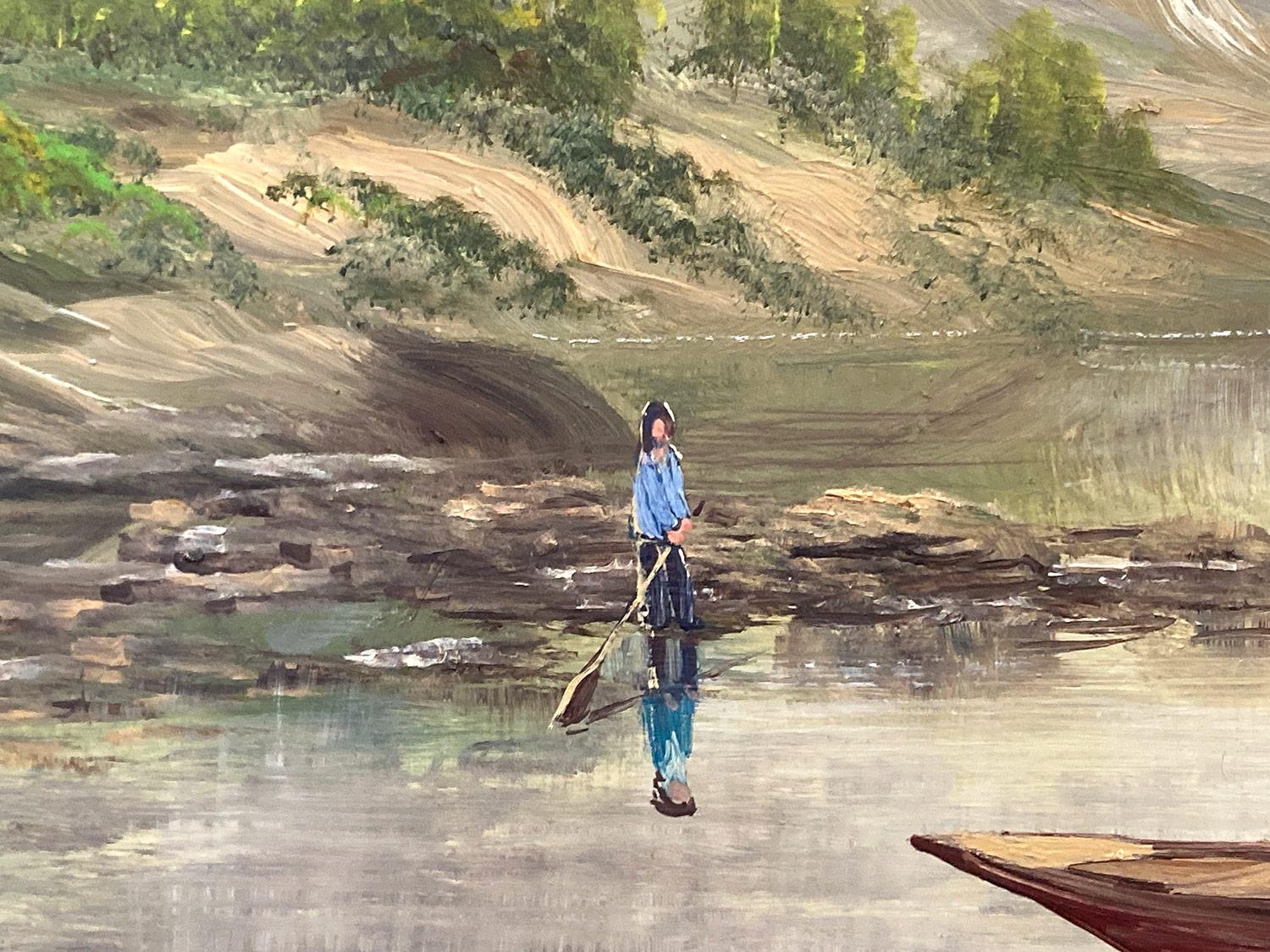 Eine schöne Darstellung eines Ruderboots mit Figuren auf dem See. Für diese wunderbare Darstellung verwendet Nemethy eine feine Technik, die die Figuren in Miniaturform darstellt. Mit fröhlichen Farben ist dieses Stück hell und friedlich. Dieses