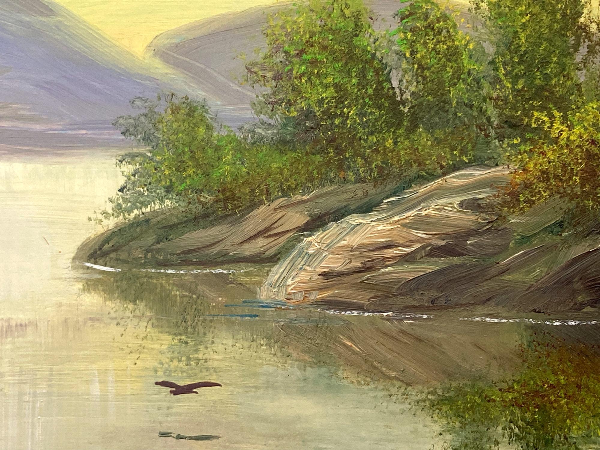 „Rowing on the Lake“ Amerikanisches Ölgemälde auf Karton mit Figuren am See im Angebot 3