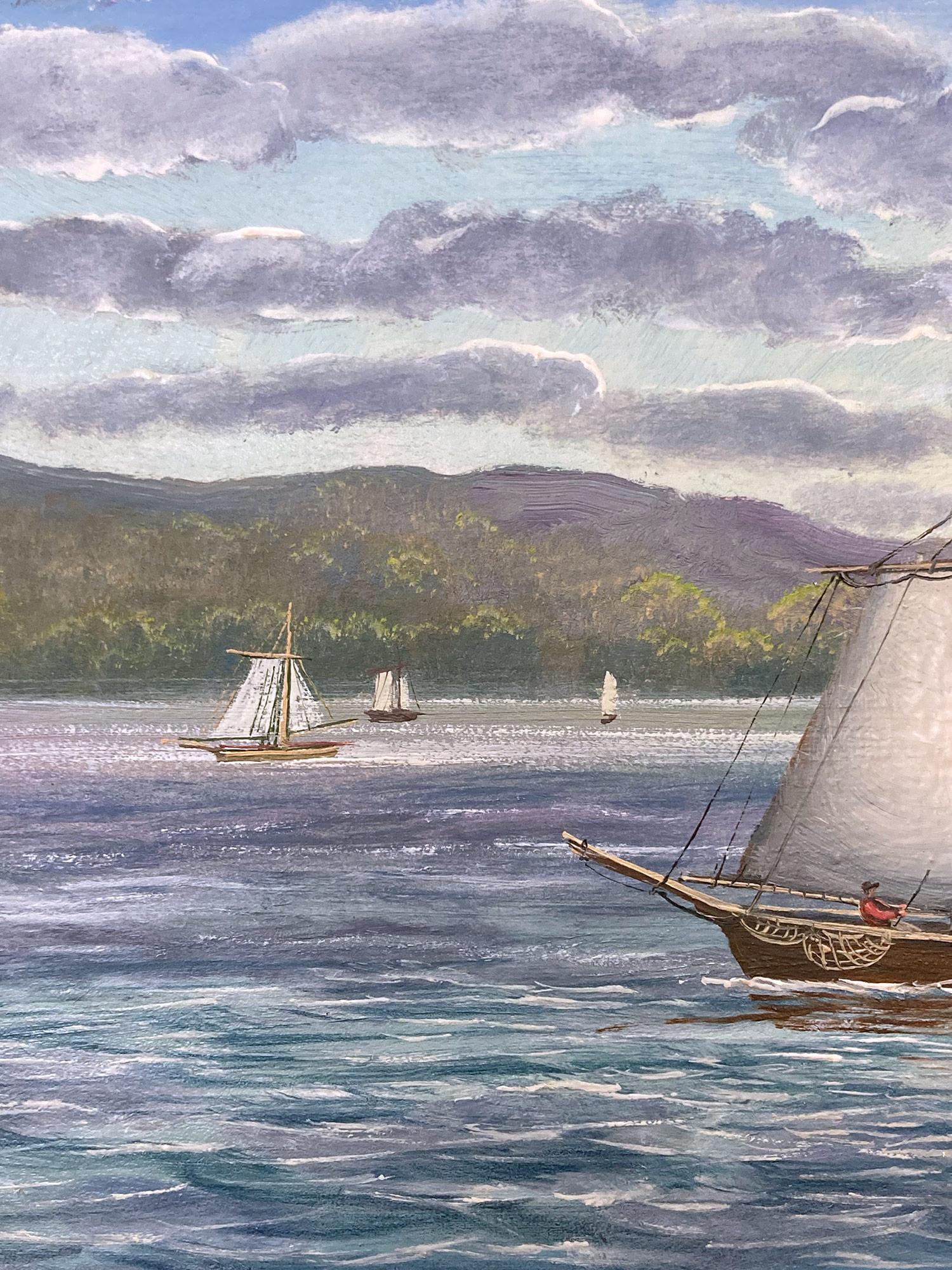A Fine depiction of a Sailing Ship in the Hudson River. For this wonderful depiction, Nemethy uses a Fine technique which depicts the figures on the boat in a miniature way. With joyful colors, this piece is bright and peaceful. This painting is