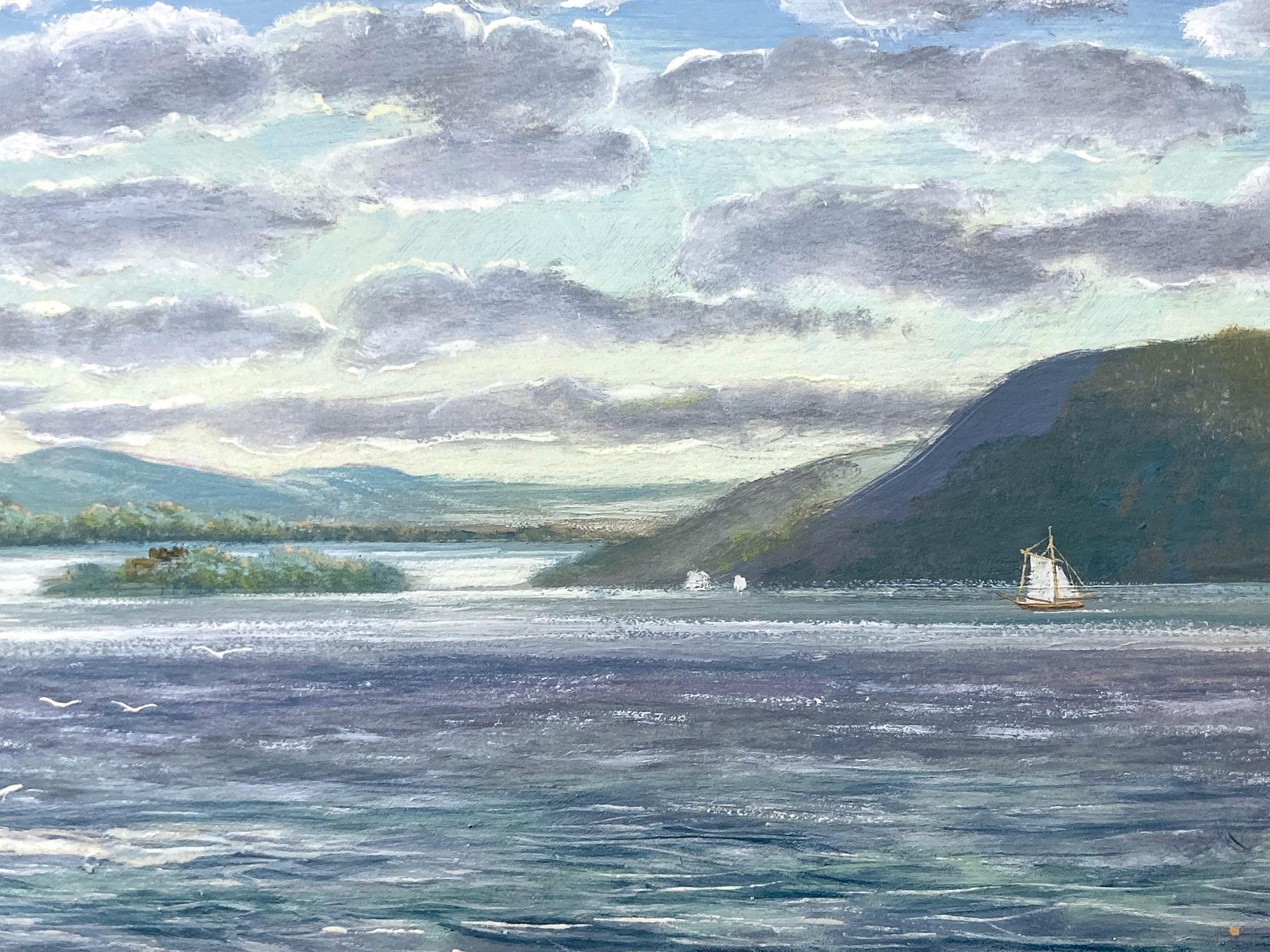 Una bella representación de un velero en el río Hudson. Para esta maravillosa representación, Nemethy utiliza una fina técnica que representa las figuras del barco en miniatura. Con colores alegres, esta pieza es luminosa y apacible. Este cuadro