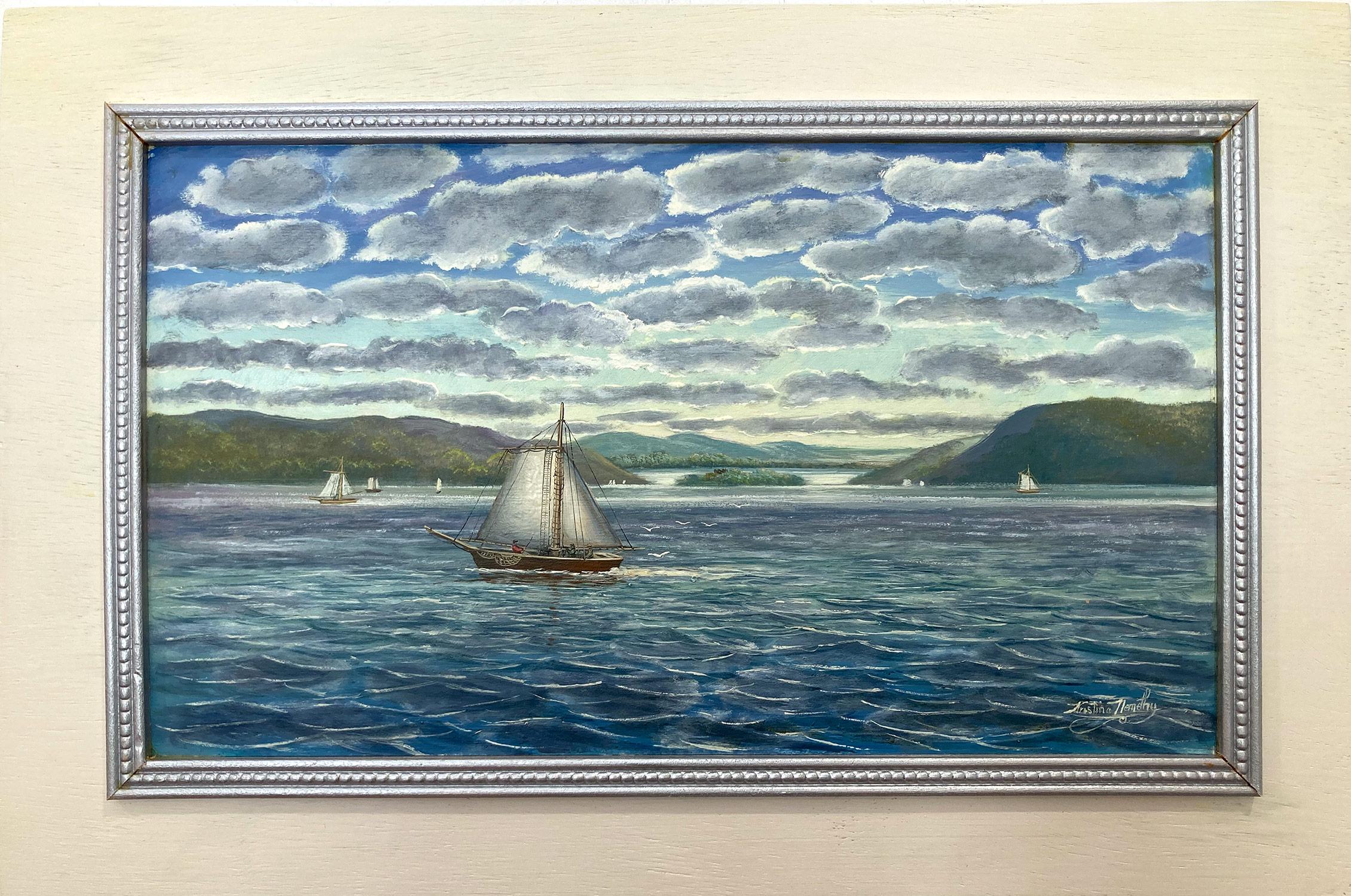 Landscape Painting de Kristina Nemethy - "Navegando por el río Hudson" Pintura al óleo americana sobre tabla de barcos en el mar