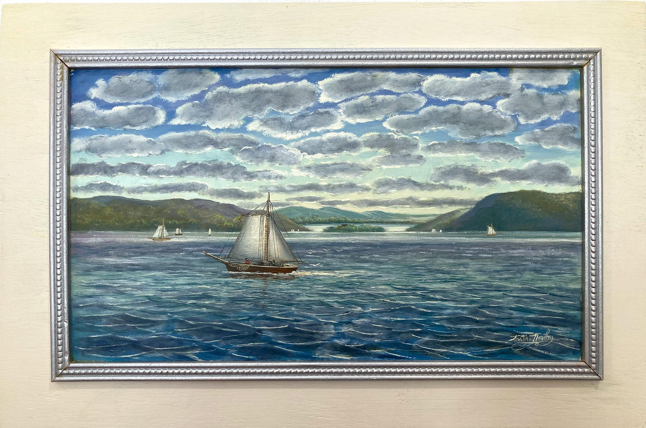 Kristina Nemethy Landscape Painting - "Sailing on the Hudson River" American Oil Painting on Board of Ships at Sea