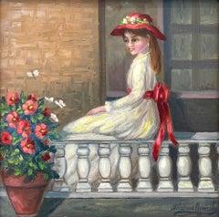 "Domenica sulla terrazza" – Dipinto impressionista a figura, olio su tela, incorniciato