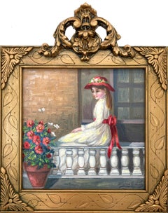 "Domenica sulla terrazza" – Dipinto impressionista a figura, olio su tela, incorniciato