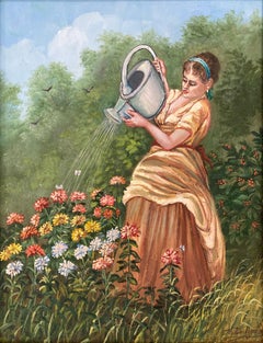 "Watering Flowers" Impressionistic Oil on Board Painting of Figure in Garden