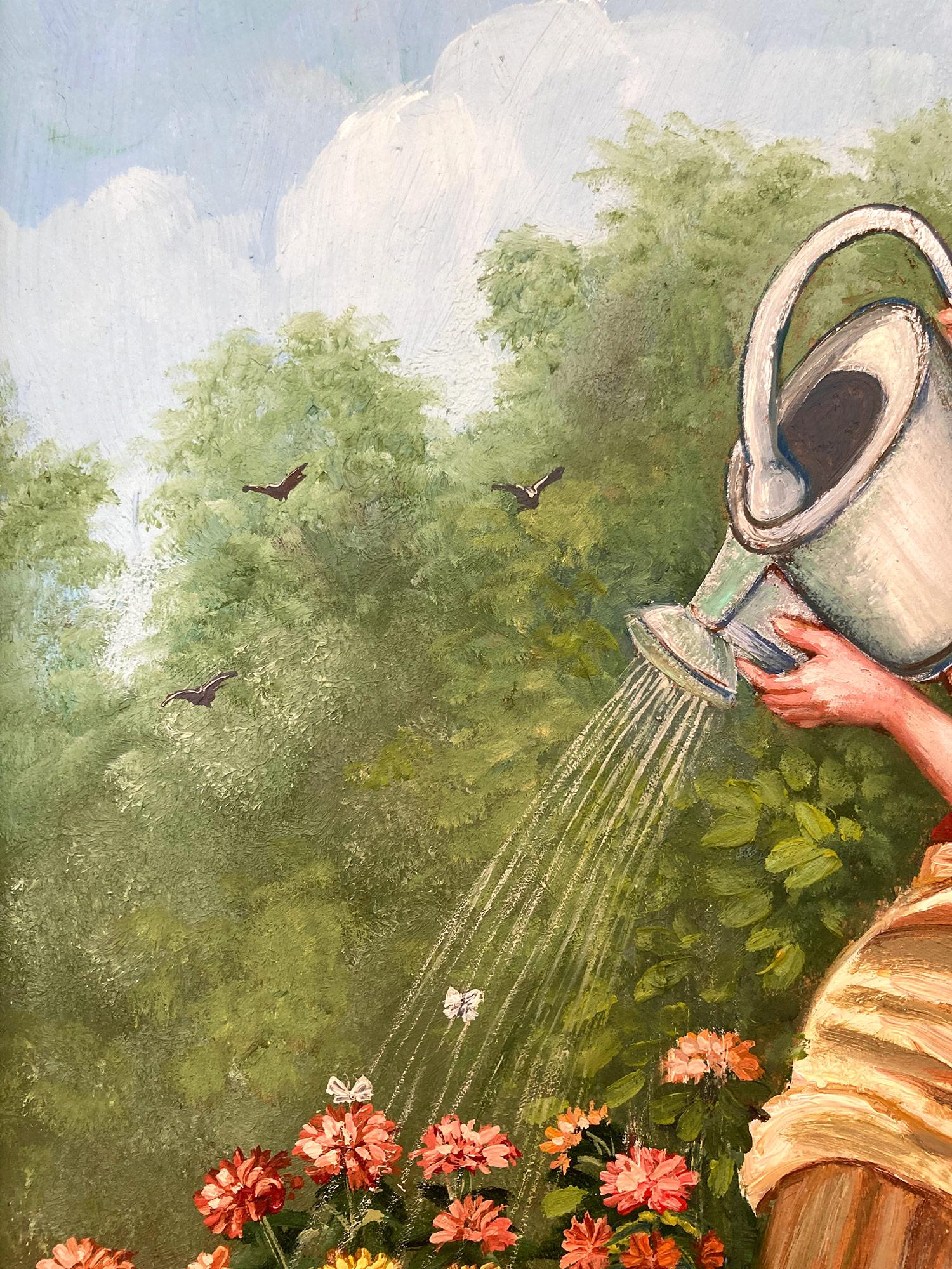 A stunning depiction of a classical woman watering flower in the garden. Nemethy uses a bold impressionistic technique with thick use of paint and wonderful impressions. With unique colors from the North East, we can feel the atmosphere