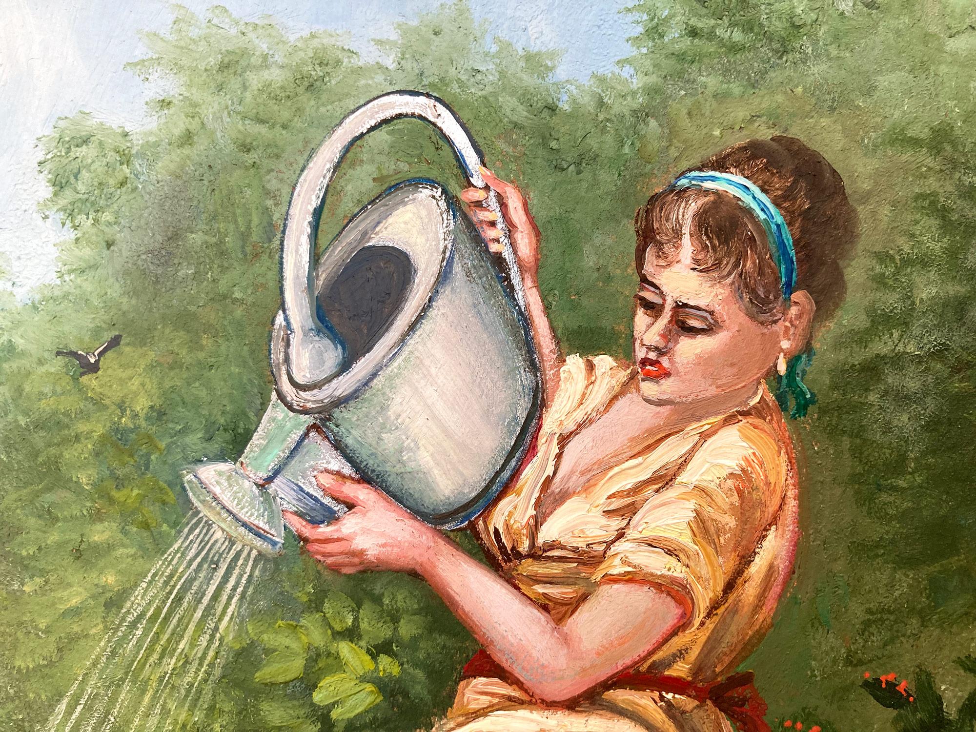 Une représentation étonnante d'une femme classique arrosant une fleur dans un jardin. Nemethy utilise une technique impressionniste audacieuse avec une utilisation épaisse de la peinture et de merveilleuses impressions. Avec les couleurs uniques du