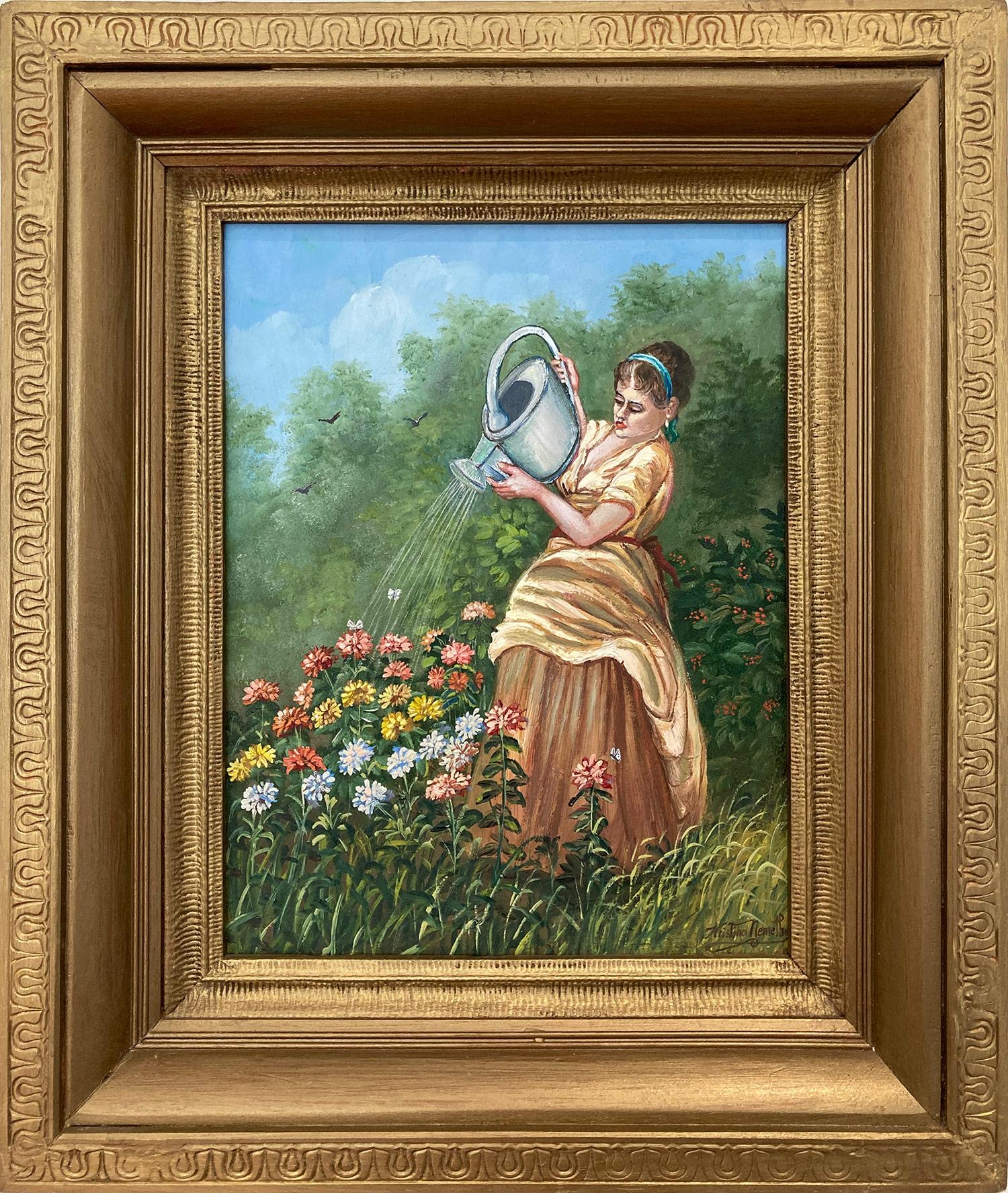 "Watering Flowers" Impressionistic Oil on Board Painting of Figure in Garden