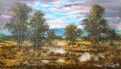 "Tierra húmeda, pueblo de Minisink NY" Pintura al óleo americana de ensueño Paisaje sobre tabla