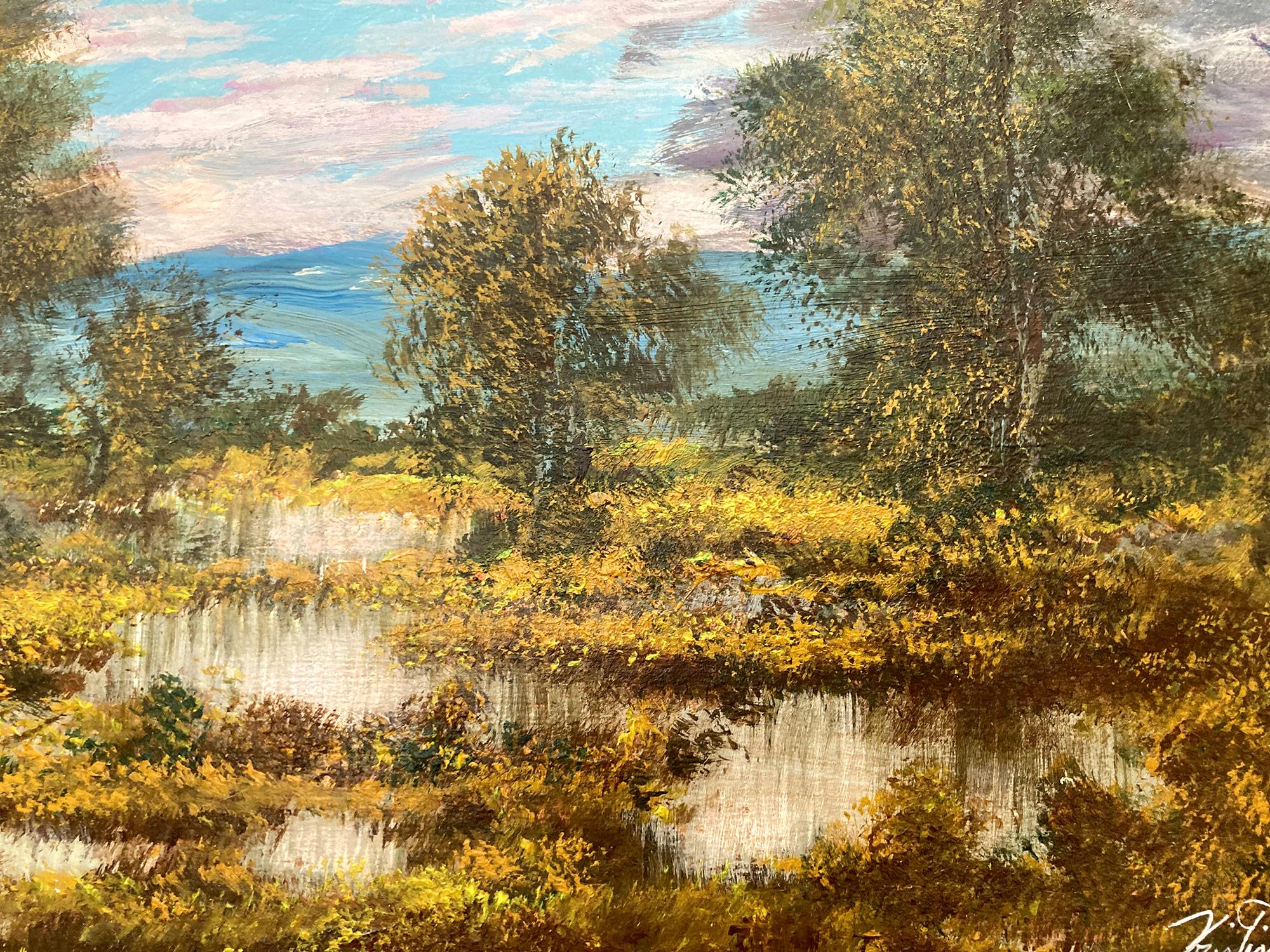 Una bella representación de un paisaje otoñal de Humedales con un hermoso reflejo de la luz del sol incidiendo en el agua. Para esta maravillosa representación, Nemethy utiliza una fina técnica que representa los árboles y el colorido horizonte con
