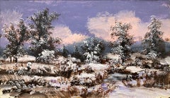 "Winter on Hill Top" American Snow Scene Oil Painting on Board Miniature Details