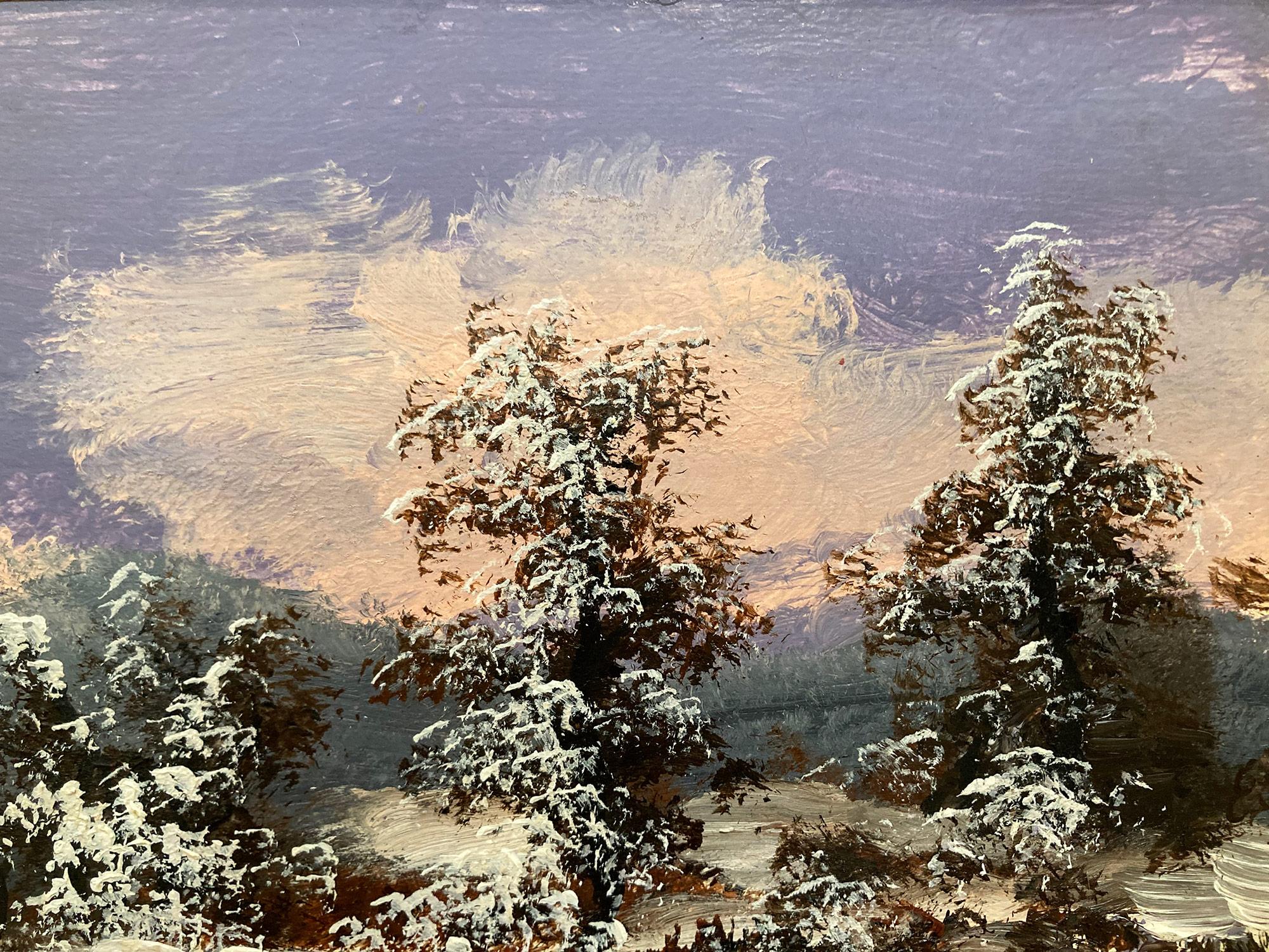 A fine depiction of a Hill Top snow scene in New York in the winter season. For this wonderful depiction, Nemethy uses a fine technique which depicts the landscape and the buildings in a miniature way. With joyful colors, this piece is bright and