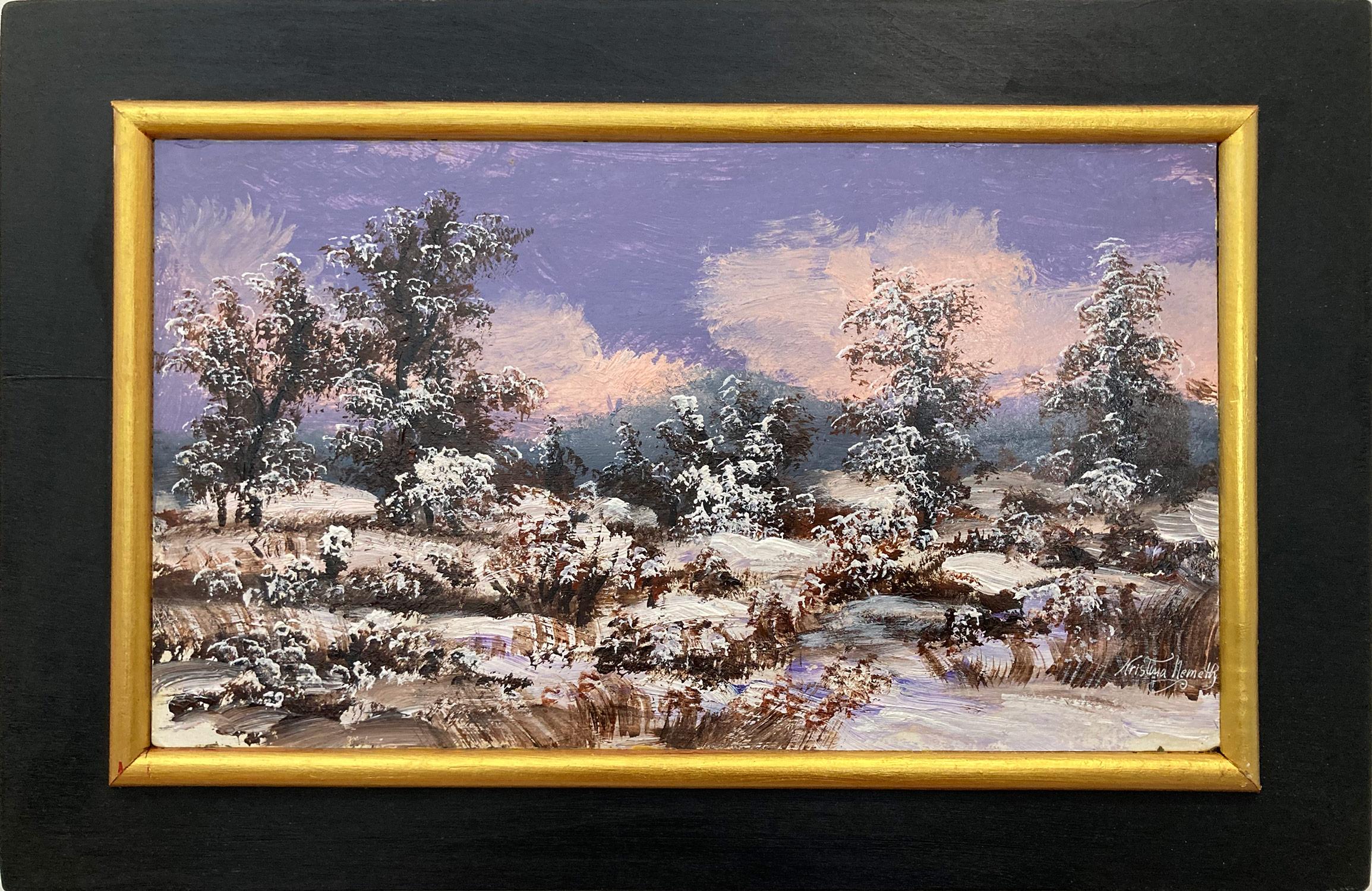 Kristina Nemethy Landscape Painting - "Winter on Hill Top" American Snow Scene Oil Painting on Board Miniature Details