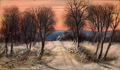 „Winter Season Johnson N.Y.“ Amerikanisches Ölgemälde auf Karton, Miniaturdetails