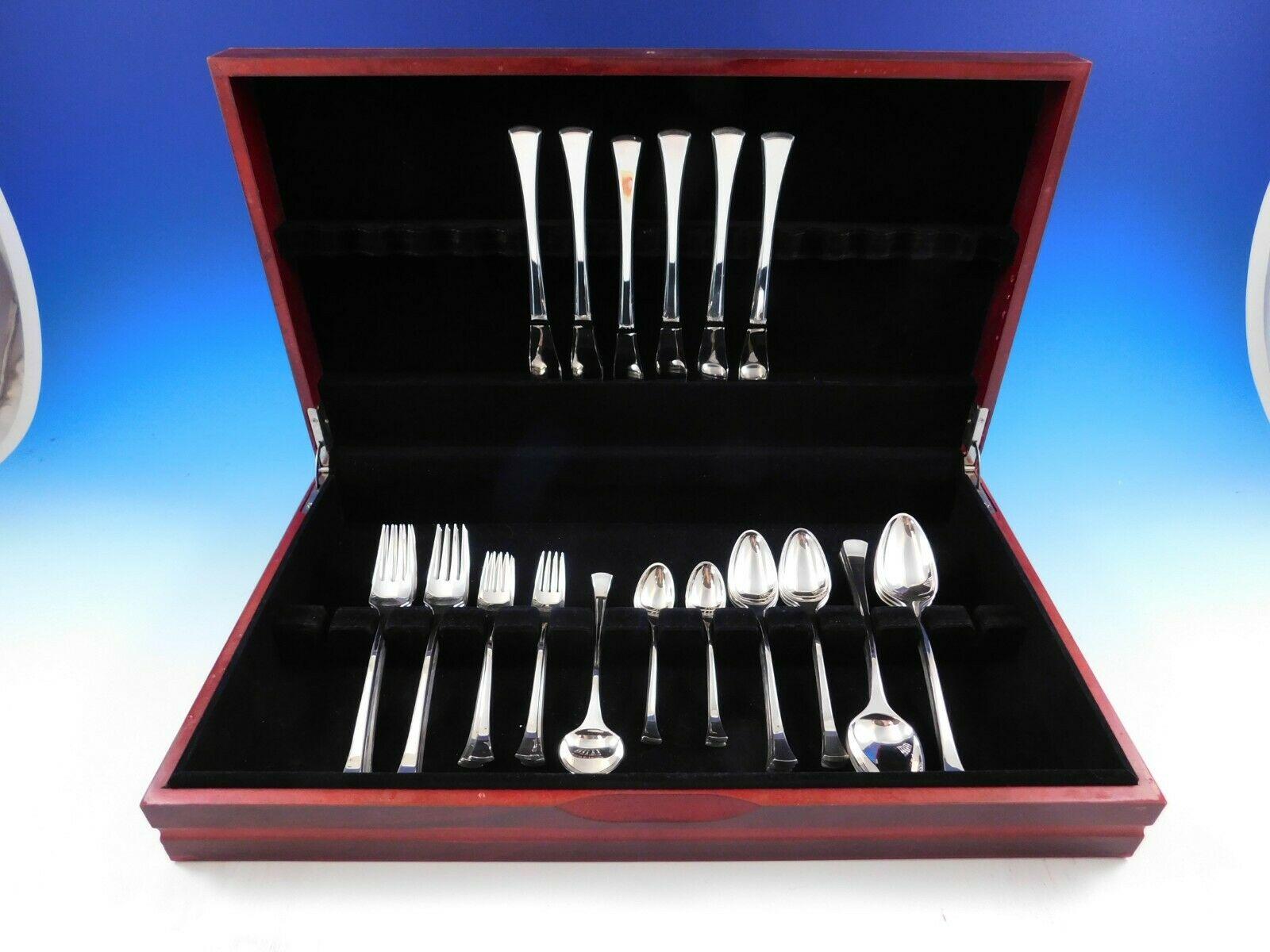 Mid-Century Modern Kristine by Hans Hansen Danish sterling silver Flatware set, 37 pieces. This set includes:

6 Dinner Knives, long handle, 8 5/8