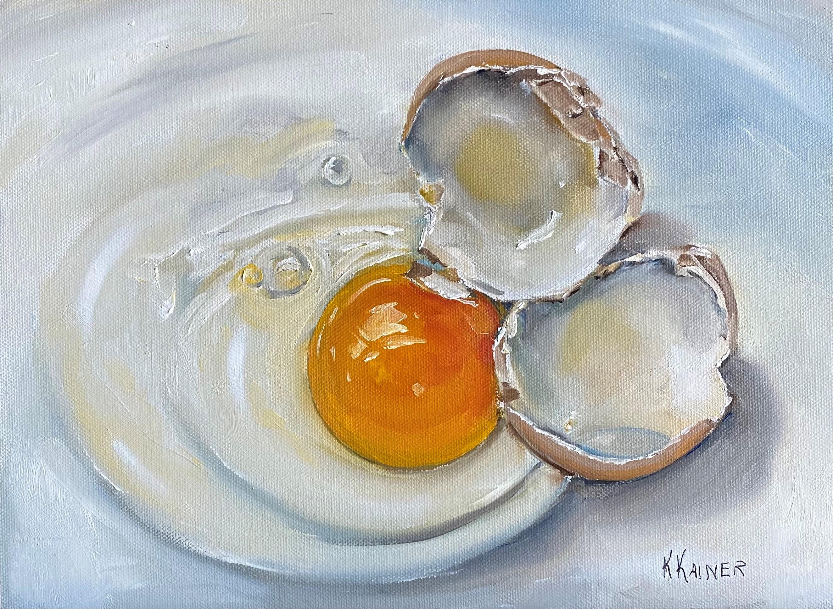 Kristine Kainer Still-Life Painting - Cracked Brown Egg, Oil Painting