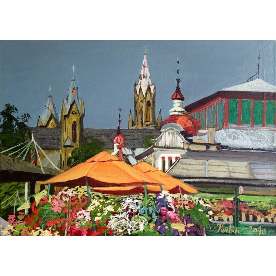 Landscape Painting di Kristine Kvitka - Mercato di Peters a Liepāja. 2010. Tela, olio, 50x70 cm