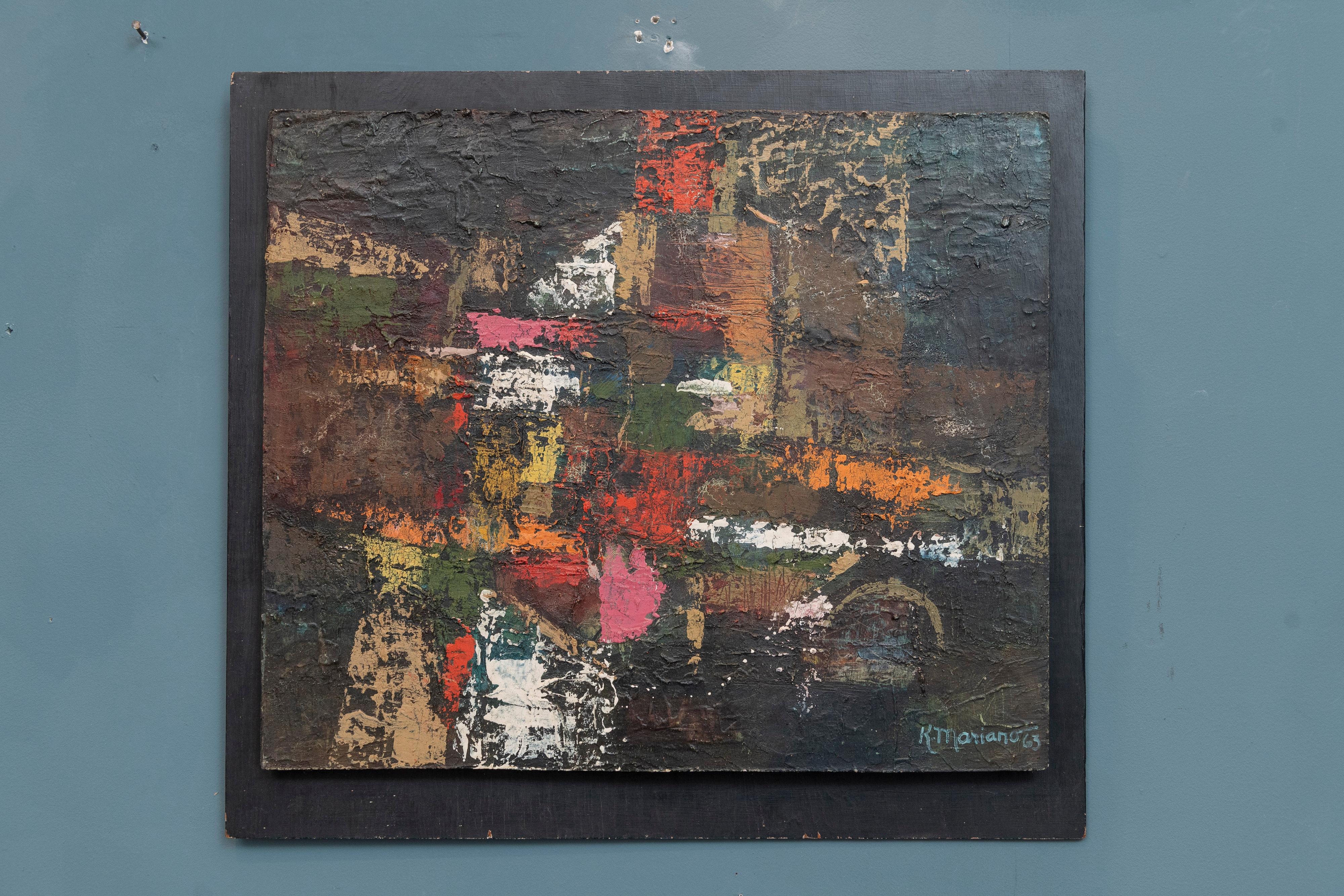 Mid-Century Modern Kristine Mariano Abstract Oil on Board Painting For Sale