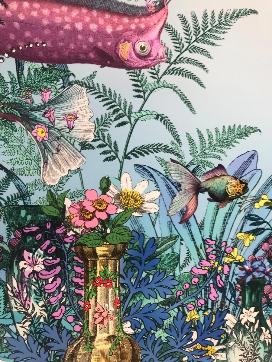 Catch a glimpse through a porthole of a submarine world, with all the dazzling, intricate appeal of a tropical coral reef.  Guppies tremble their fanned-tails while a stingray drifts away into the deep.  Kristjana has submerged terrestrial touches;