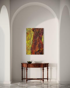 "Danze con i narcisi" - Donna nuda figurativa in rosso su legno recuperato