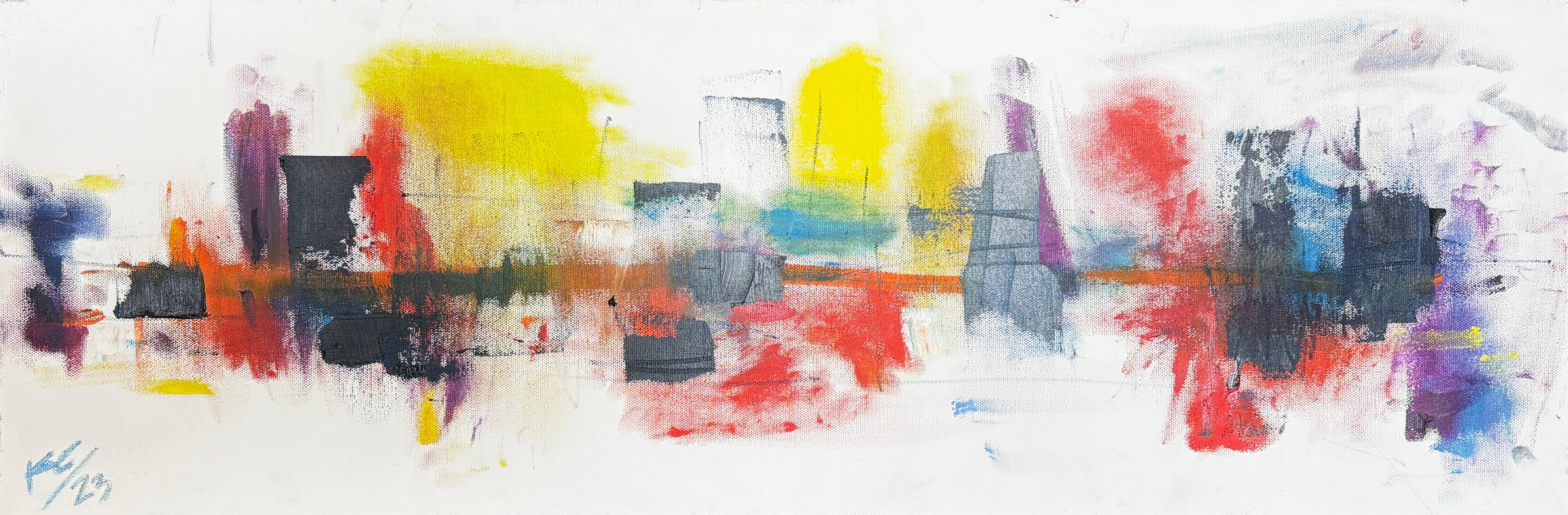 Kristy Chettle Abstract Painting - "Downtown" - Vibrant Colorful Contemporary Abstract Cityscape Oil Painting