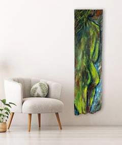 'Envious' - Vibrant Green and Blue Figurative Female Nude Oil Painting on Wood