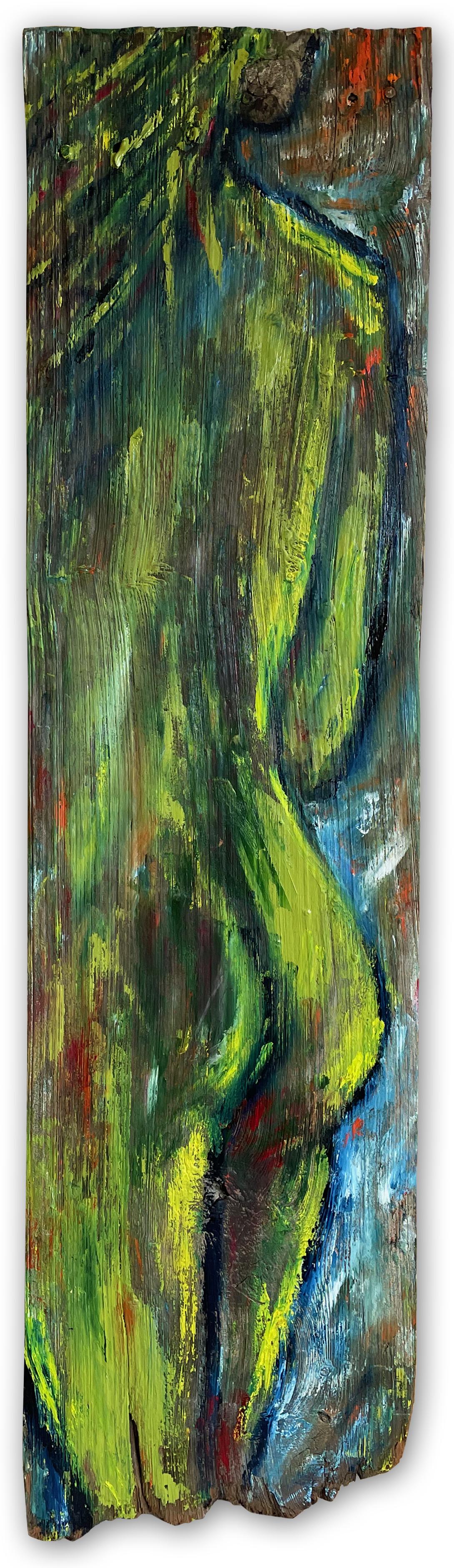 "Envious" de Kristy Chettle est un saisissant nu figuratif contemporain qui marie les textures brutes du bois récupéré à la fluidité de la peinture à l'huile. Cette composition allongée de 46 x 12 pouces illustre le style unique de Chettle, qui met