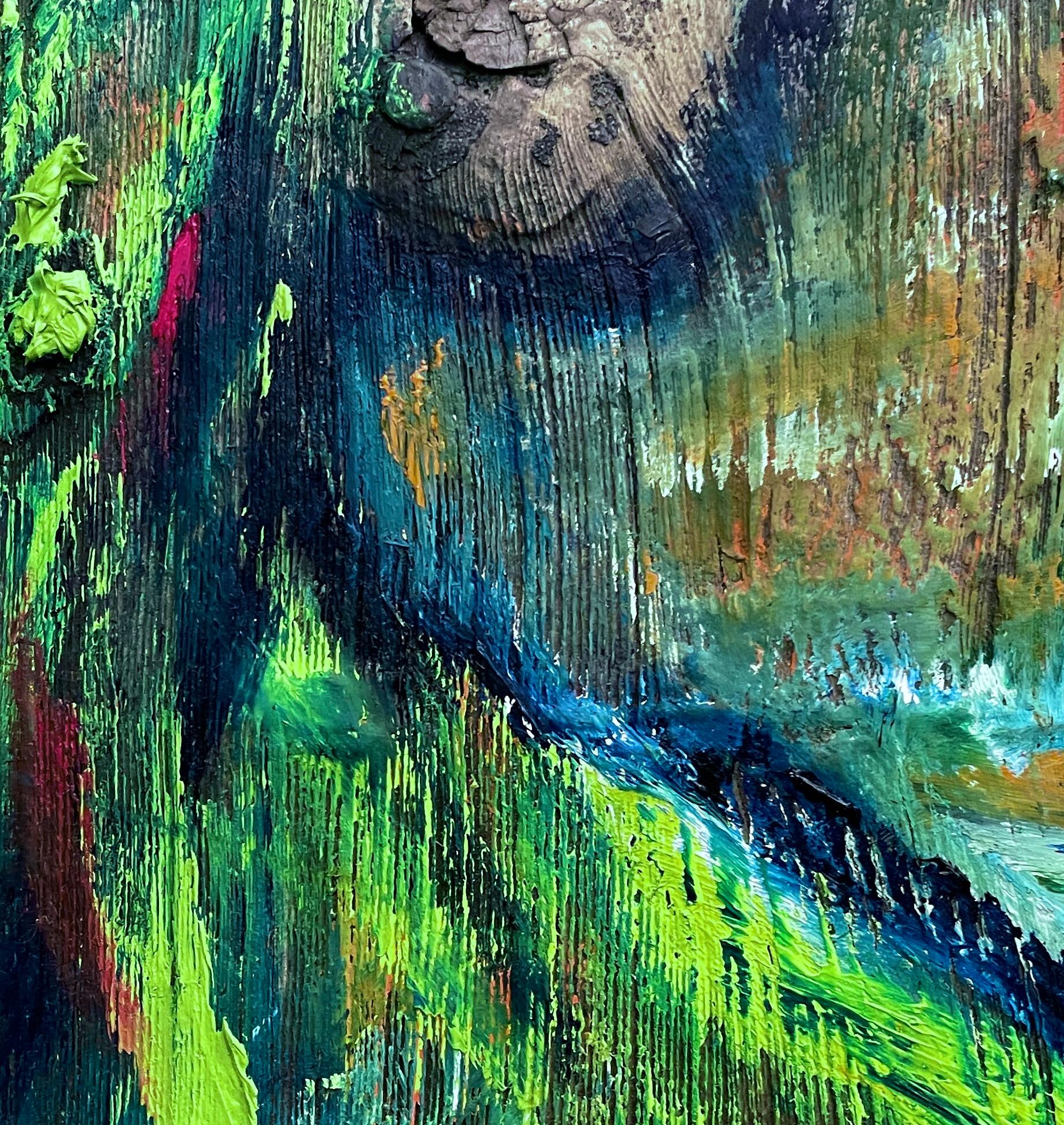 'Envious' - Vibrant Green and Blue Figurative Female Nude Oil Painting on Wood For Sale 1