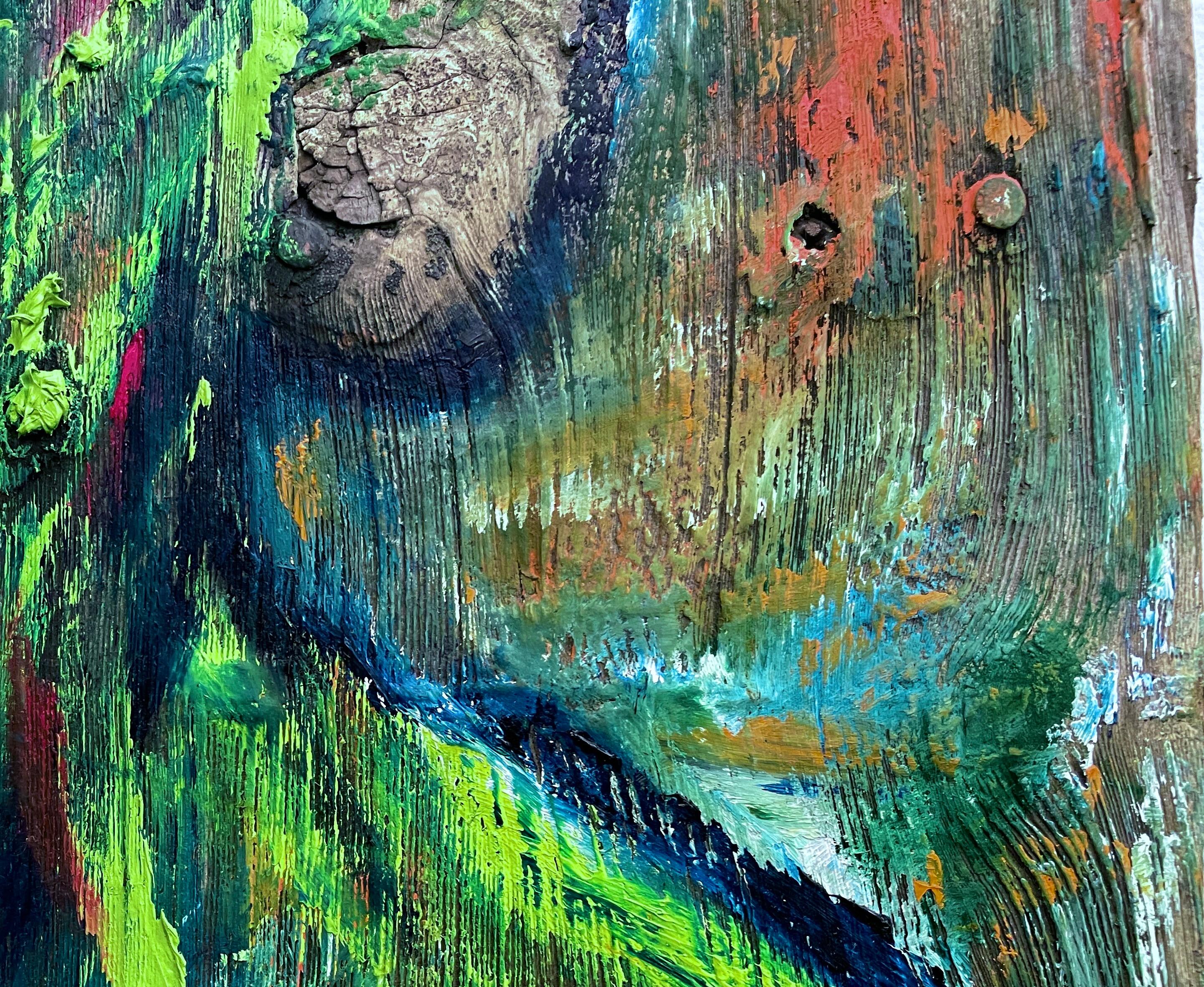 'Envious' - Vibrant Green and Blue Figurative Female Nude Oil Painting on Wood For Sale 5