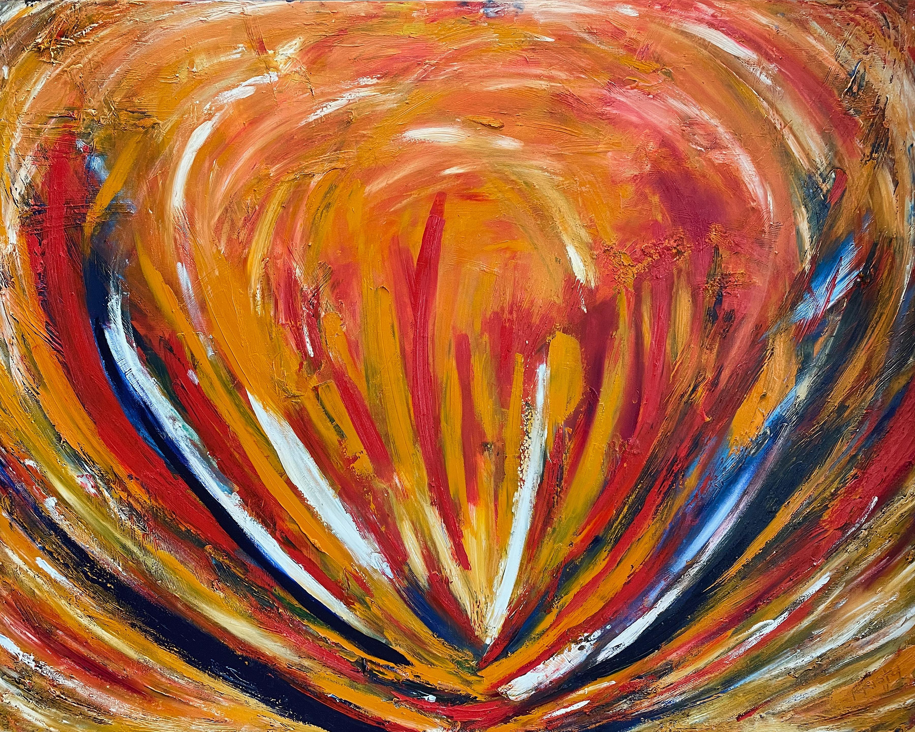 "Lotus" is a striking oil painting by Kristy Chettle, sized at 48" x 60". It bursts with bold colors and movement, true to the abstract expressionist style it represents. Warm reds, oranges, and yellows swirl around the canvas, drawing the eye