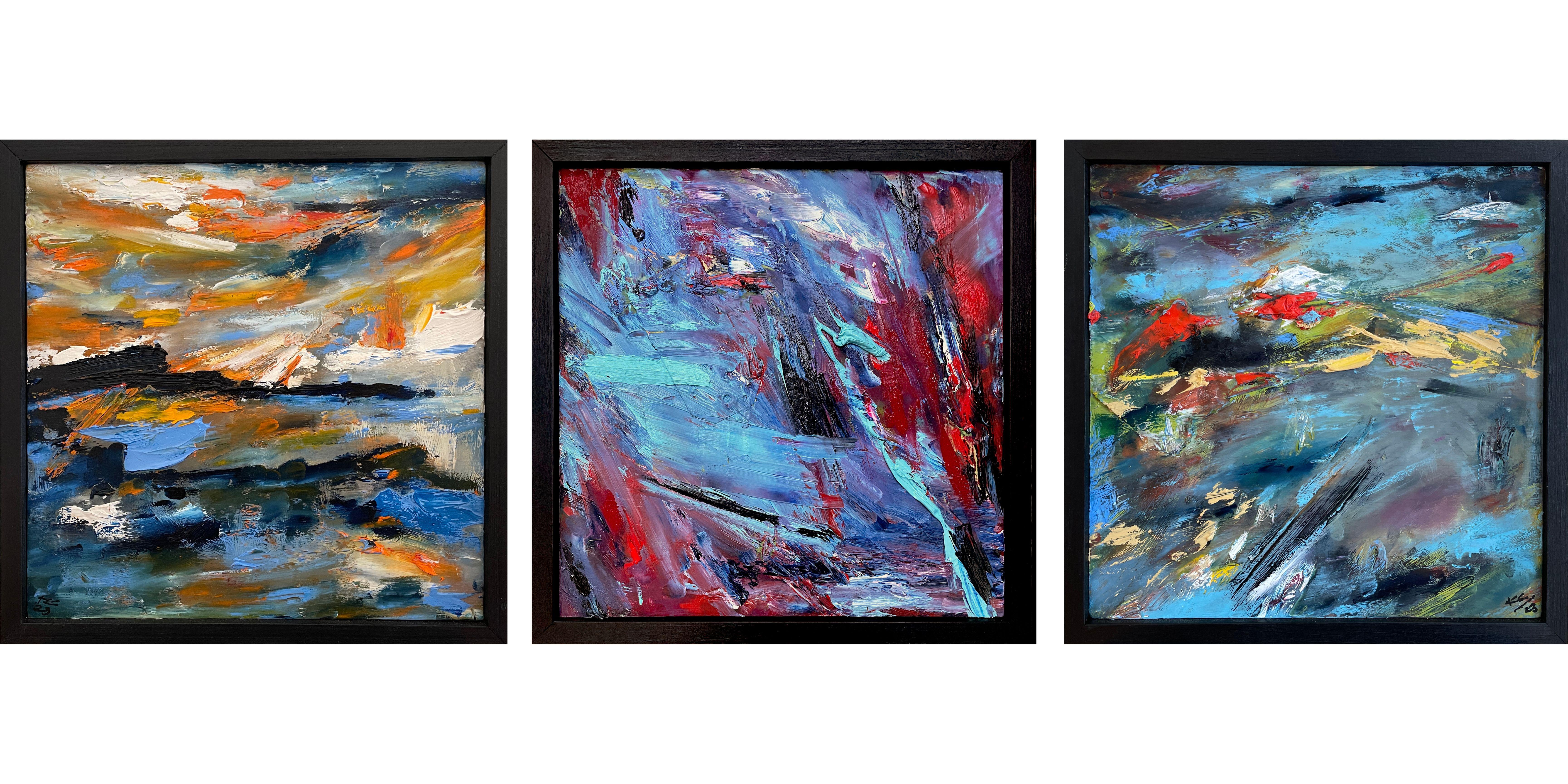 Dans ce triptyque expressionniste abstrait de 12" x 36", l'artiste Kristy Chettle capture l'essence vibrante des paysages variés de la baie de Monterey. Les panneaux sont une symphonie de couleurs, avec des bleus céruléens et saphir qui évoquent les