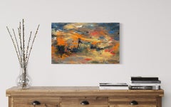 „Sunrise Beyond the River“ von Kristy Chettle – Abstraktes Ölgemälde auf Holz in Erdtönen