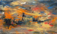 "Alba oltre il fiume" di Kristy Chettle - Olio astratto su Wood dai toni della terra