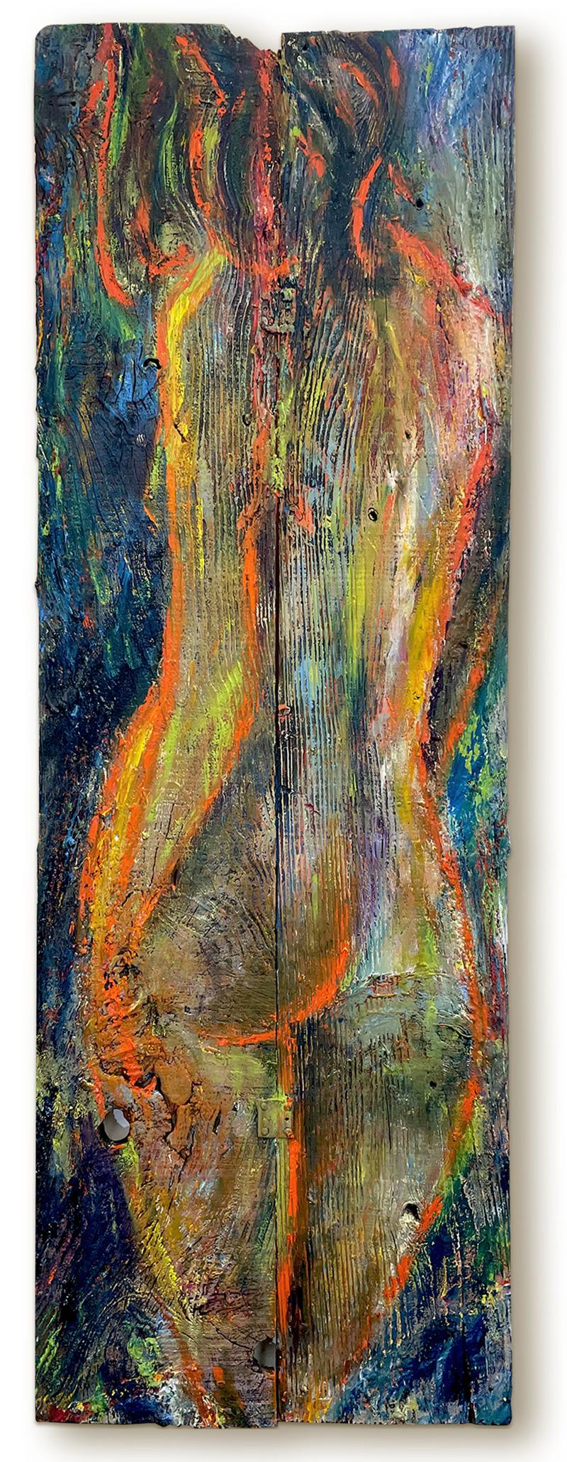 'Martes por la mañana' - Mujer desnuda figurativa - Óleo sobre madera recuperada