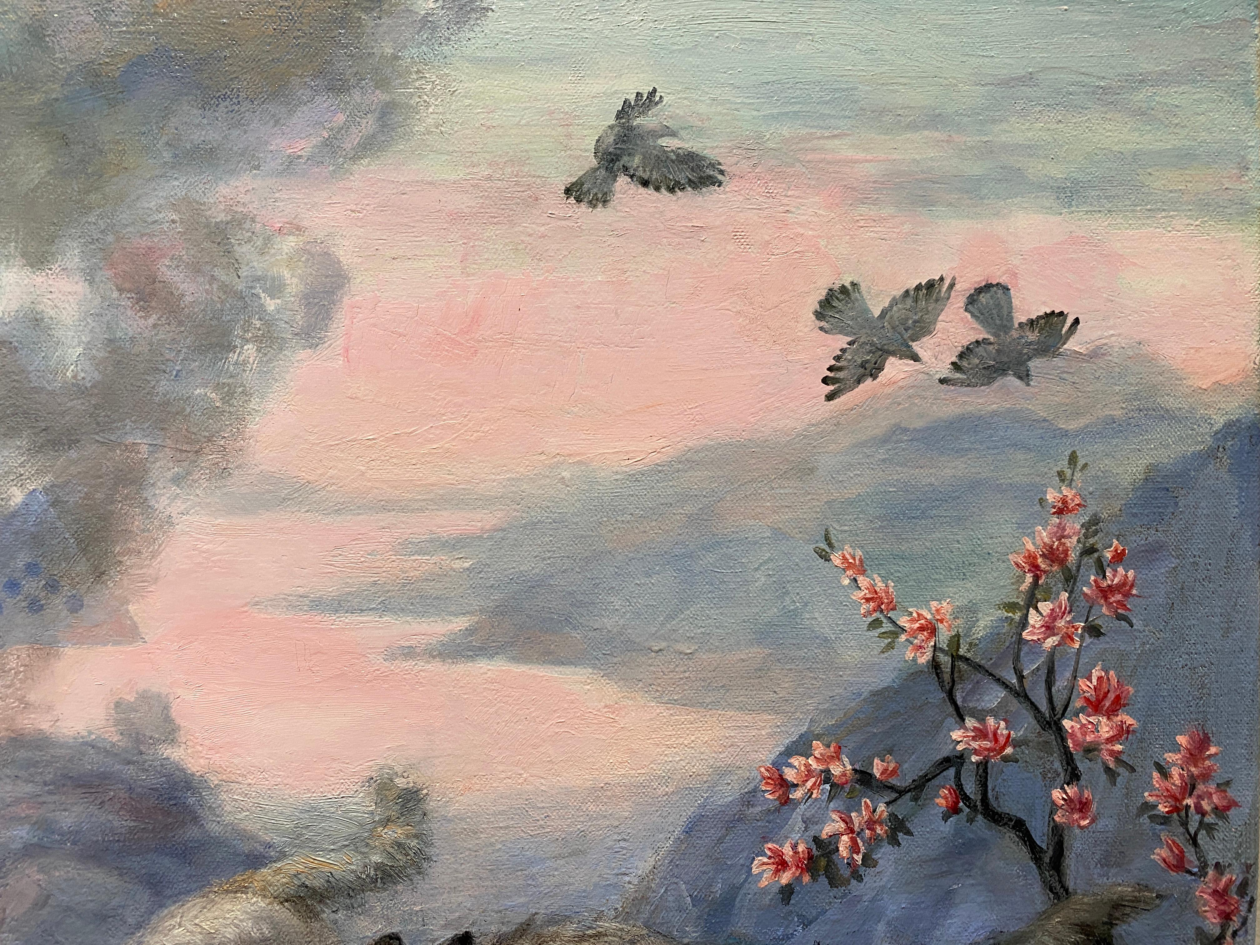 A surrealist oil painting by a classically trained painter. Wolves lope through the composition as birds fly the opposite direction, away from the smoke and flames. The right third of the painting is 'picture perfect:' a cherry blossom in full bloom