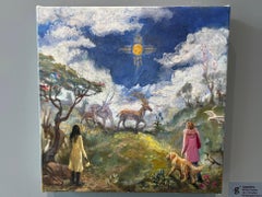 "Apparition" Oil Painting of Ibex with Golden Zia Symbol, Signed, 12x12 Inches