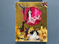 Ascension, peinture à l'huile, surréalisme spirituel, feuille d'or, signée, 20x16 in