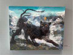 "Black Jaguar” oil painting, gold leaf, magical realism, mystical, cool tones