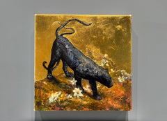 ”Black Jaguar” poetic realist oil painting, black jaguar on yellow, gold leaf