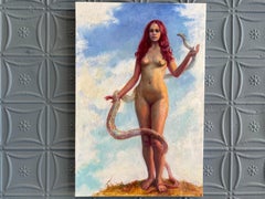 "Communion” figurative oil painting, female nude, allegory of Eve, signed, 24x16