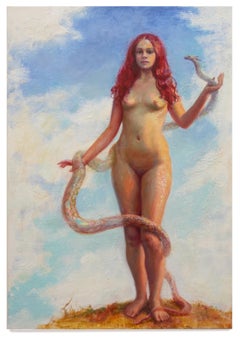 "Communion” figurative oil painting, female nude, allegory of Eve, signed, 24x16