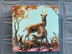 "Familia" óleo, tres antílopes, pan de oro, cielo azul, surrealista, cuadrado