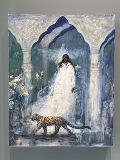 "Isis" figurative oil painting, goddess woman, jaguar, architecture, cool tones