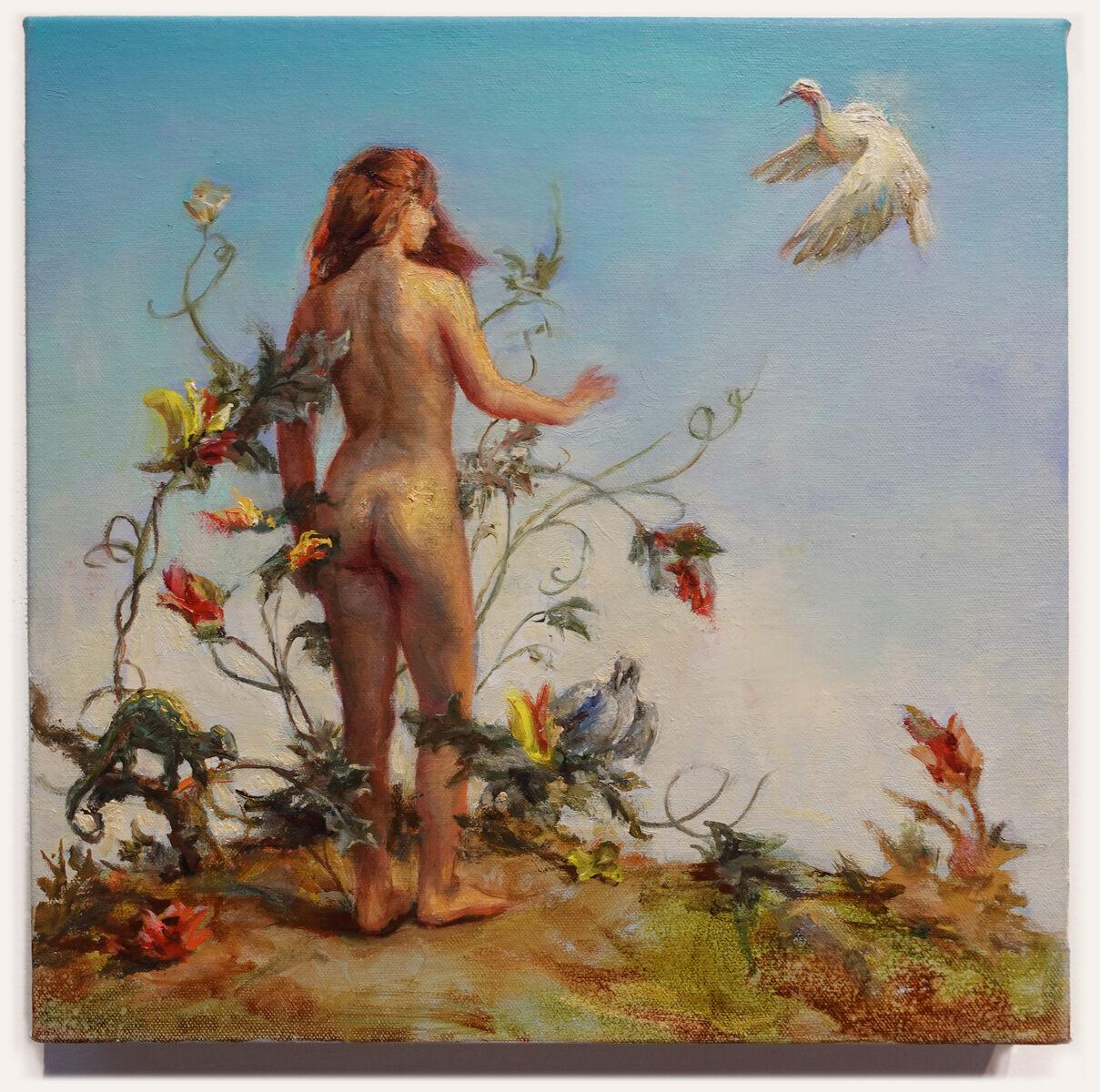 Kristy Gordon Figurative Painting - “My Crane’s Flight” Poetic Realist oil painting, figurative female with bird