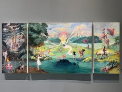 “Ripple In Reality” Poetic Realist landscape painting, triptych, cool tones