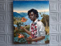 "Roy" peinture à l'huile réaliste et figurative d'un homme, de fleurs et d'un vaste paysage