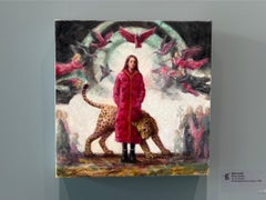 "Spirit Guide" Oil Painting of Modern Woman with Jaguar, Birds, 12x12 inches