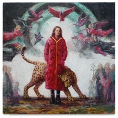 "Spirit Guide" Oil Painting of Modern Woman with Jaguar, Birds, 12x12 inches