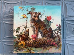 "Los Felinos" cuadro al óleo, cuadrado, realismo poético, tigres, grandes felinos, flores silvestres
